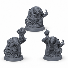 3D-printet sett med tre slu rottefolk med våpen og misterit uttrykk i grå PLA til D&D og Pathfinder.
