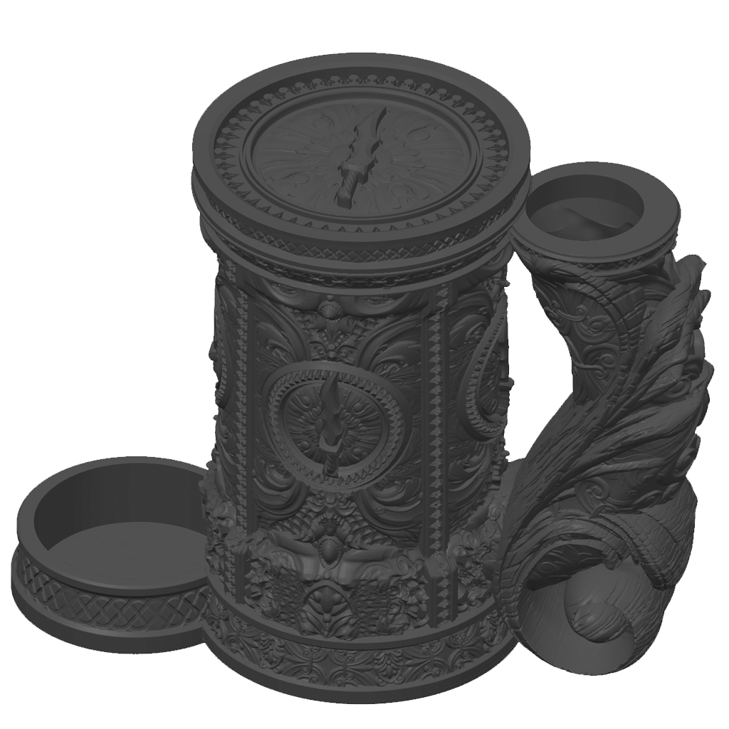 3D-printet sort Rogue eventyrkrus med rogue-design, skrulokk og integrert dice tower til D&D og tabletop-rollespill.