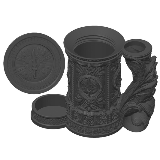 3D-printet sort Rogue eventyrkrus med rogue-design, skrulokk og integrert dice tower til D&D og tabletop-rollespill.