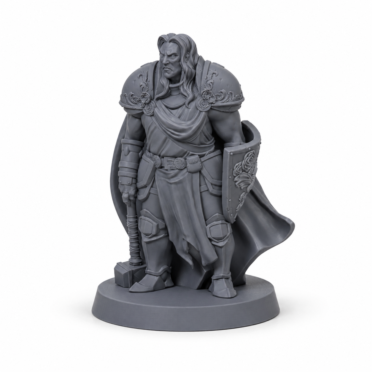 3D-printet Rose-Born Paladin paladin-miniatyr i grå PLA til D&D og tabletop-rollespill.