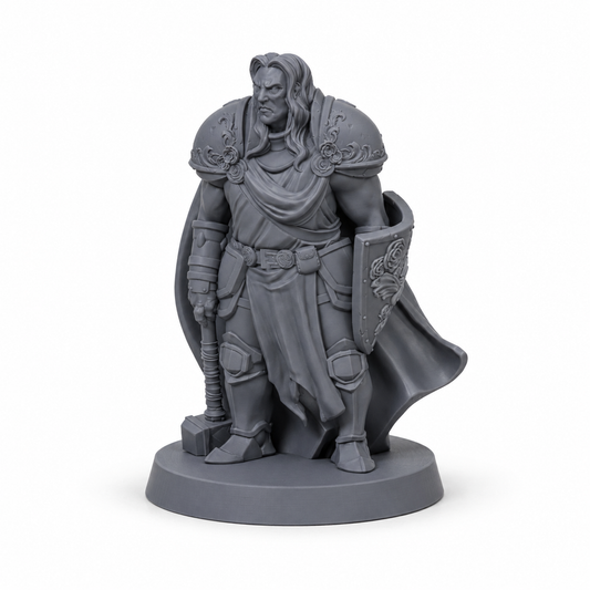 3D-printet Rose-Born Paladin paladin-miniatyr i grå PLA til D&D og tabletop-rollespill.