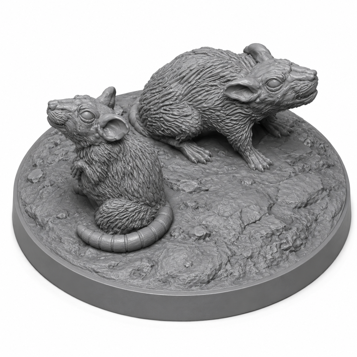 3D-printet rotter på base i grå PLA til D&D og tabletop-rollespill.