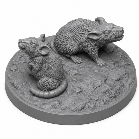 3D-printet rotter på base i grå PLA til D&D og tabletop-rollespill.