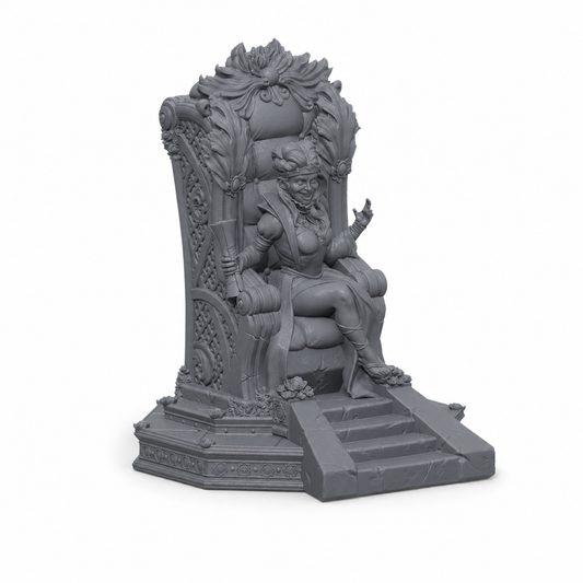 3D-printet Scarlet – Queen of the Rose vampyrdronning på trone i grå PLA til D&D og tabletop-rollespill.