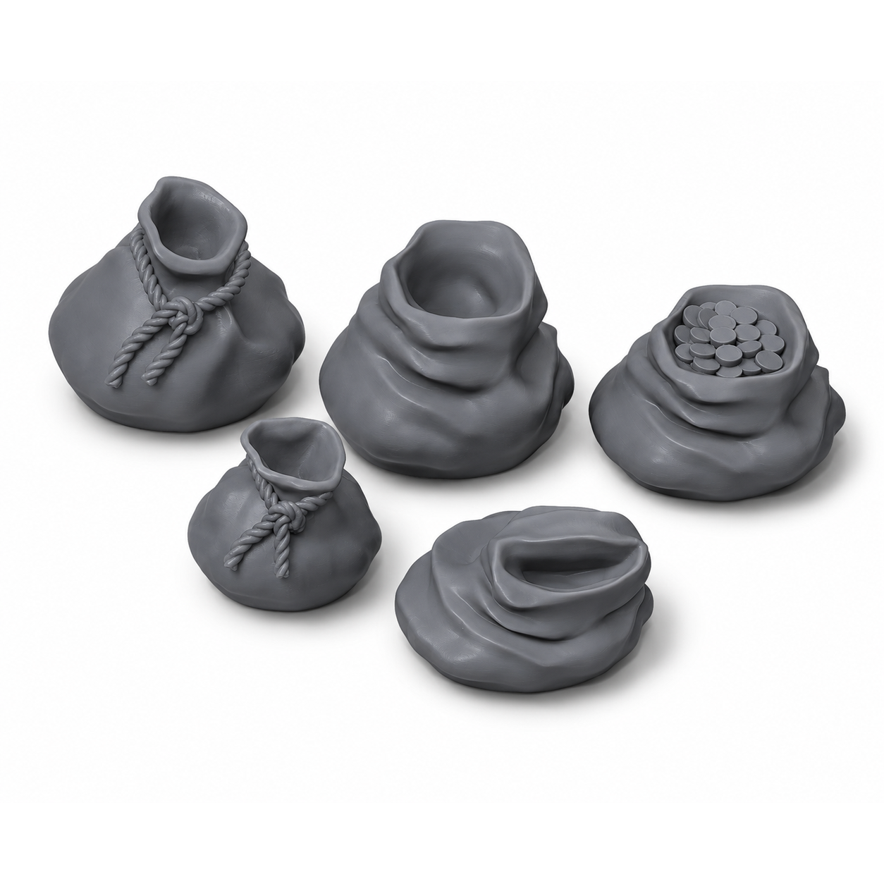 Sett med fem 3D-printede sekker – rekvisitter til lagerrom og skattkammer i D&D.