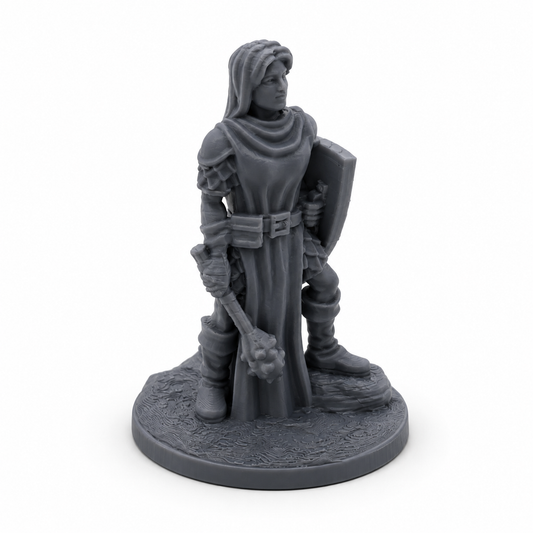 3D-printet Shieldmaiden Cleric miniatyr i grå PLA til D&D og tabletop-rollespill.