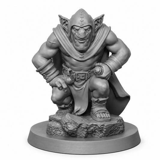 3D-printet Shnagg Goblin Thief miniatyr i grå PLA til D&D og tabletop-rollespill.