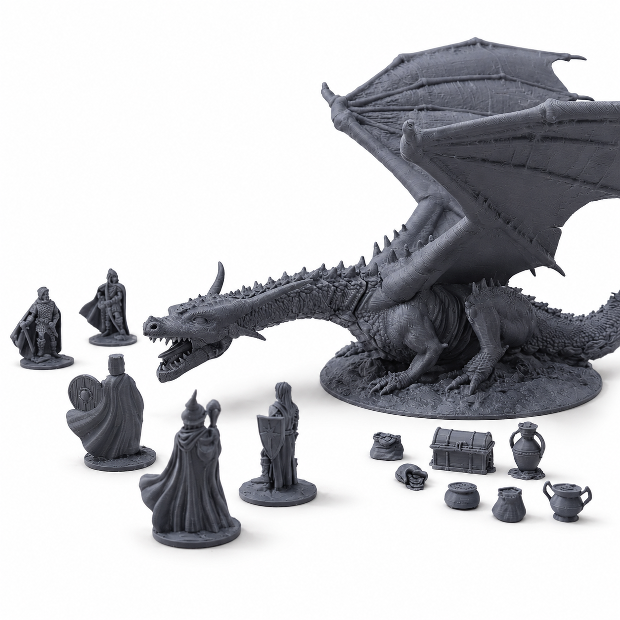 3D-printet eventyrsett med Ancient Dragon, fem helter og skattelementer i grå PLA til D&D og tabletop-rollespill.