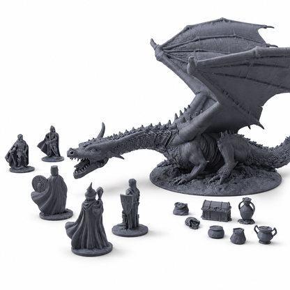 3D-printet eventyrsett med Ancient Dragon, fem helter og skattelementer i grå PLA til D&D og Pathfinder.