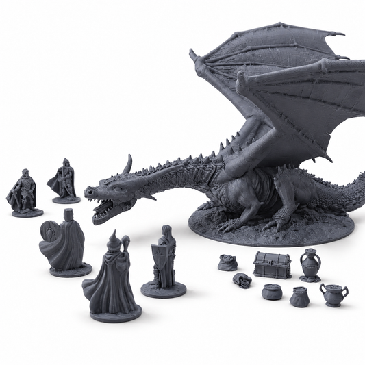 3D-printet eventyrsett med Ancient Dragon, fem helter og skattelementer i grå PLA til D&D og tabletop-rollespill.