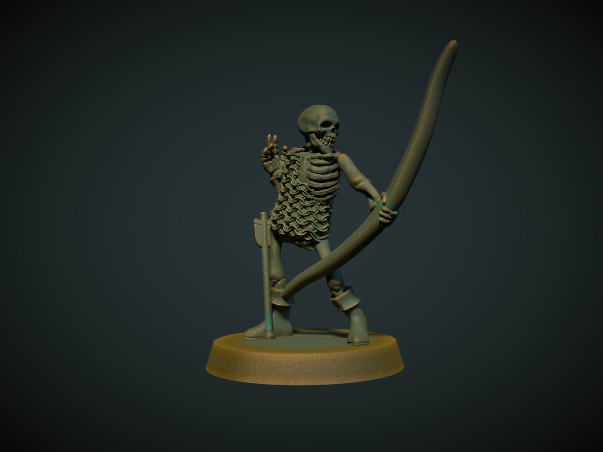 3D-printet skjelettbueskytter i grå PLA til D&D og Pathfinder.