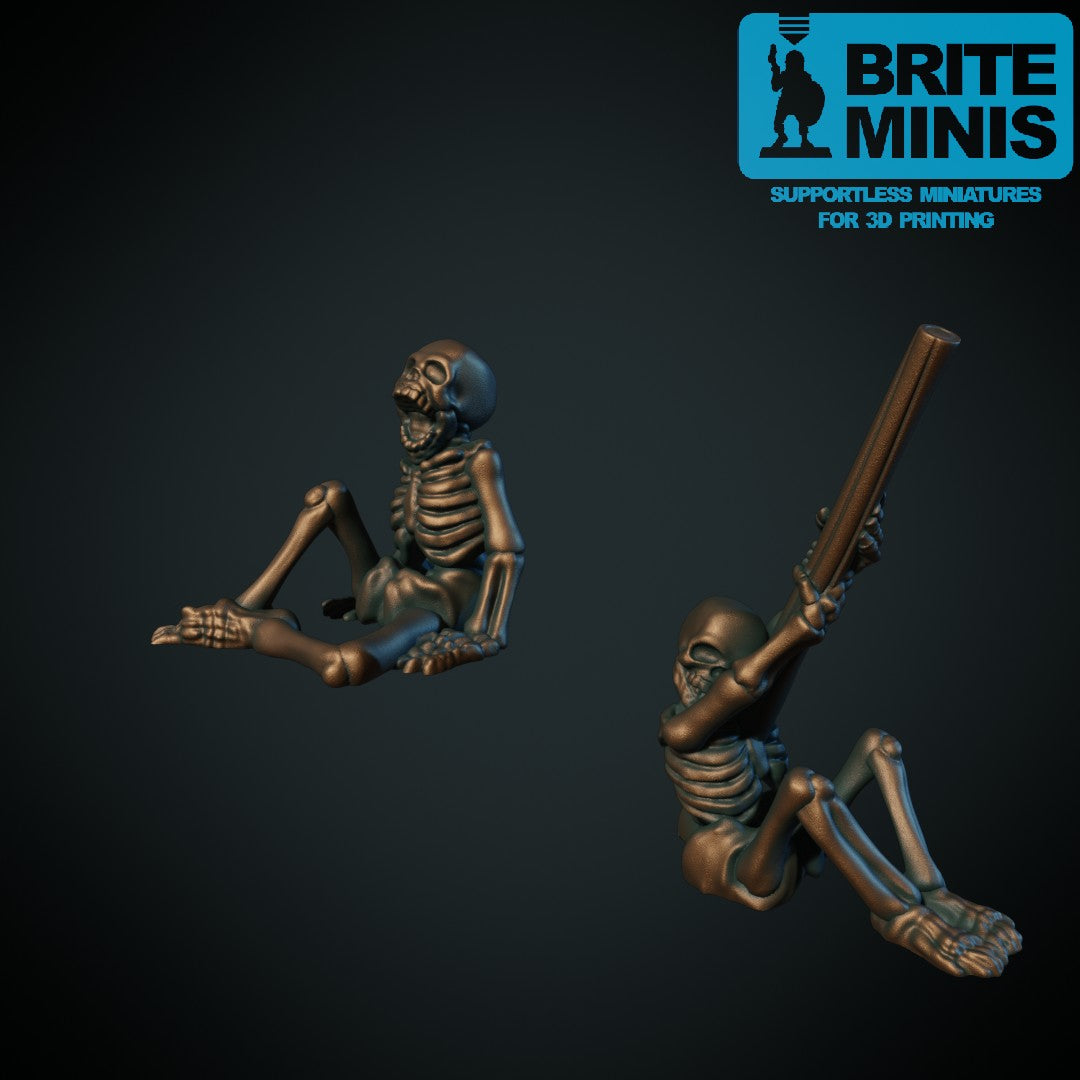 3D-printet falt skjelett i sittende positur i grå PLA til D&D og Pathfinder.
