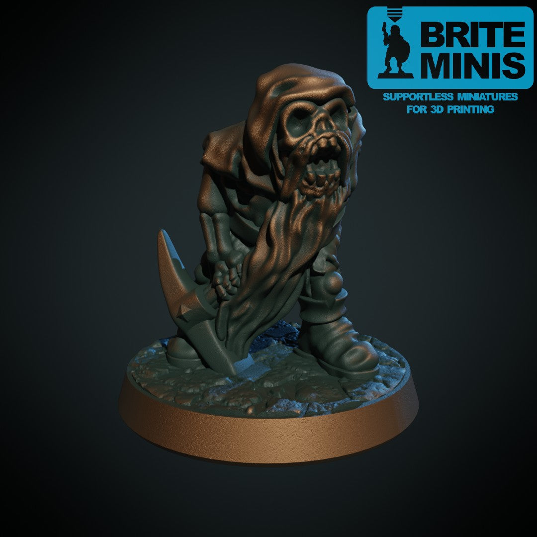 3D-printet dvergskjelett II, kompakt vandød dvergeskjelett i grå PLA til D&D og Pathfinder.