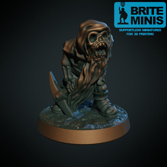 3D-printet dvergskjelett II, kompakt vandød dvergeskjelett i grå PLA til D&D og Pathfinder.