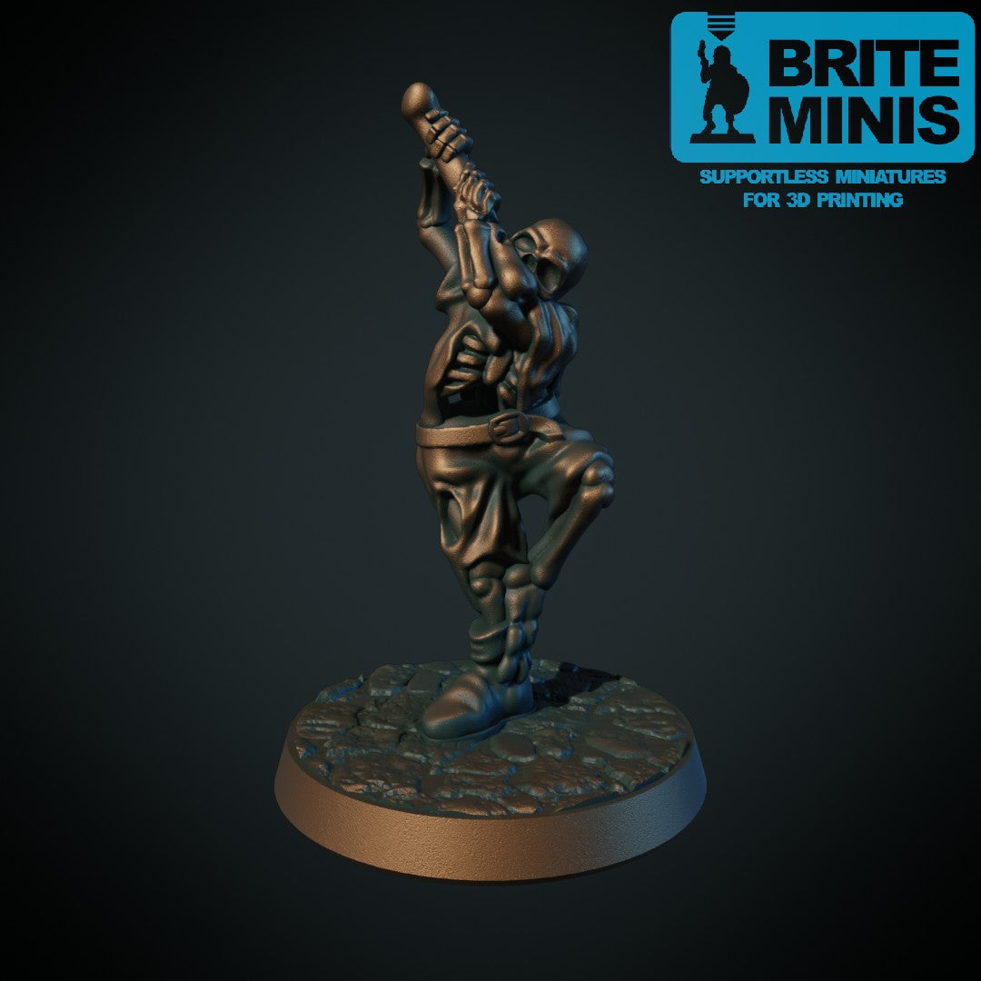3D-printet skjelettmusiker med instrument i grå PLA til D&D og Pathfinder.