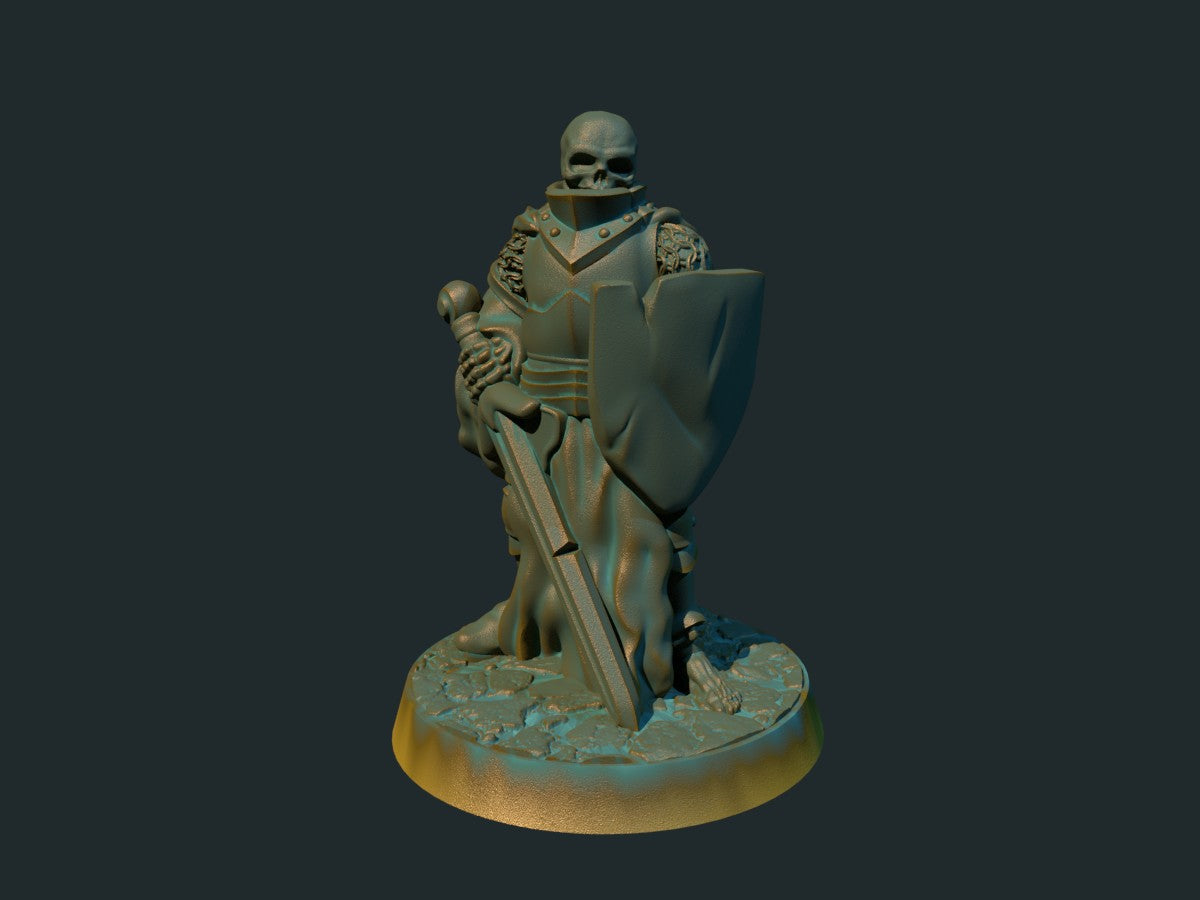 3D-printet skjelett med sverd og rustning i grå PLA til D&D og Pathfinder.