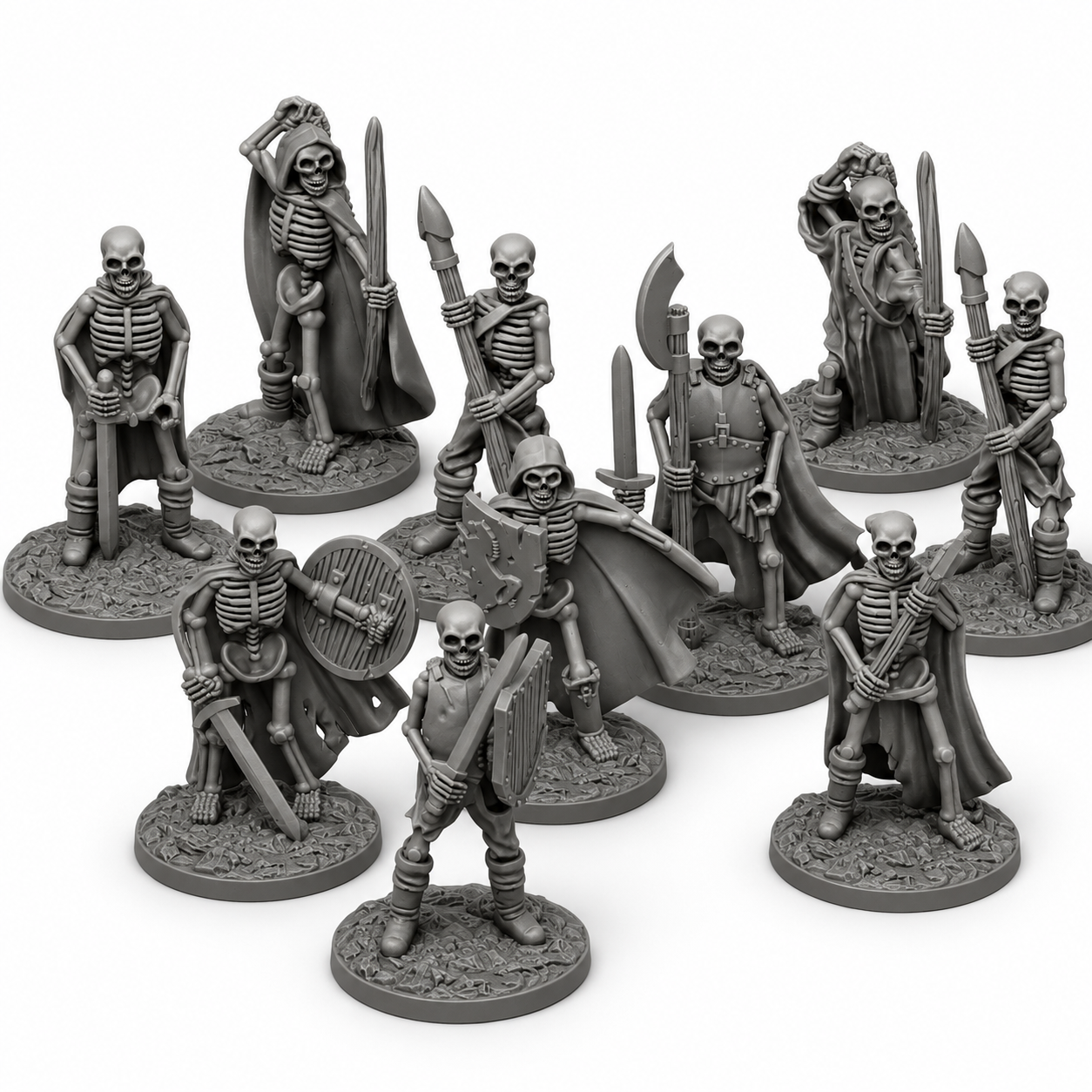 3D-printet Skjeletter miniatyrsett i grå PLA til D&D og tabletop-rollespill.
