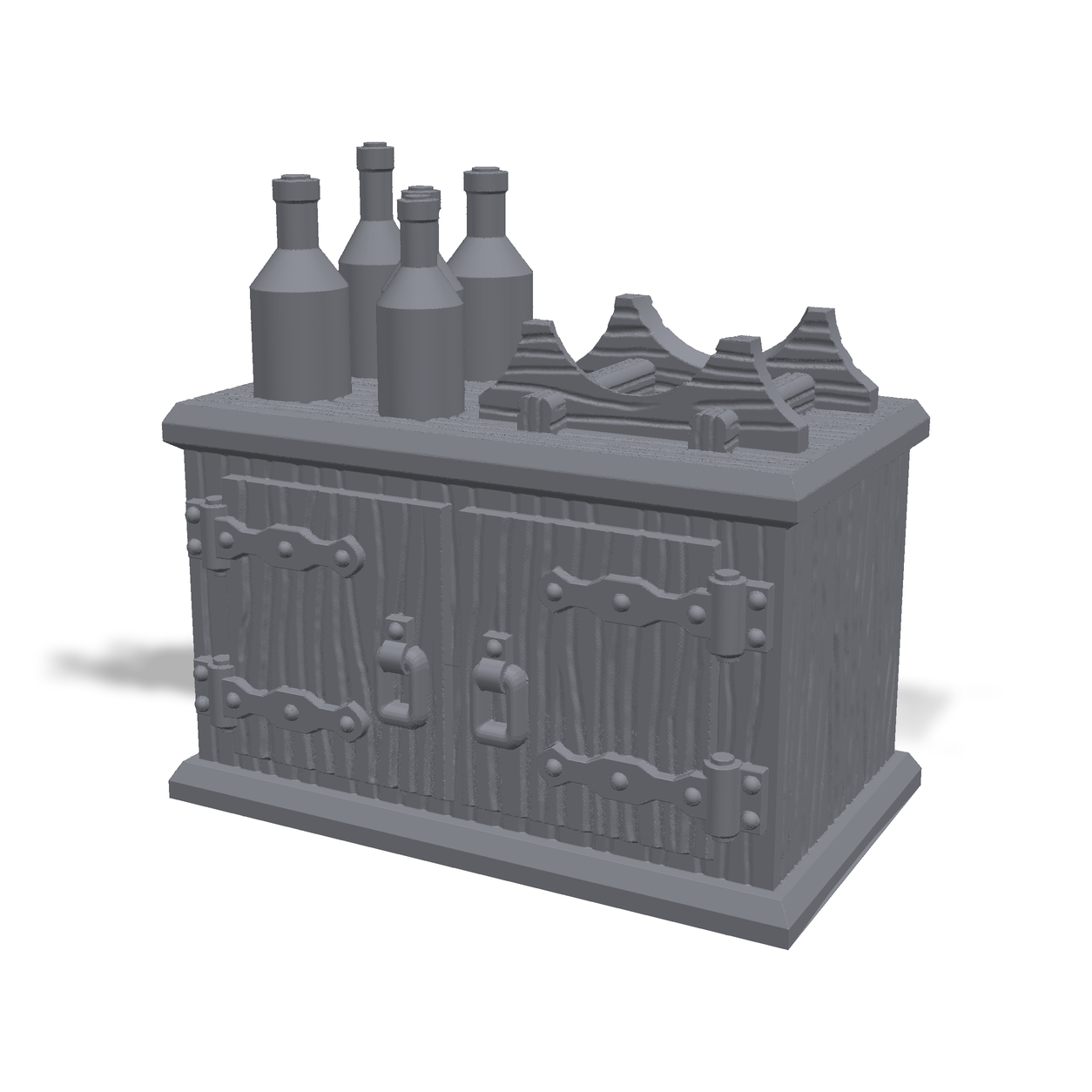 3D-printet skjenk med vinflasker – rekvisitt til vertshus og vinkjeller i D&D.