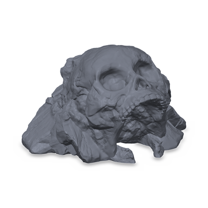 Hodeskalle-inngang – grå 3D-printet huleåpning formet som en hodeskalle, terreng til D&D og Pathfinder, studiofoto på hvit bakgrunn.