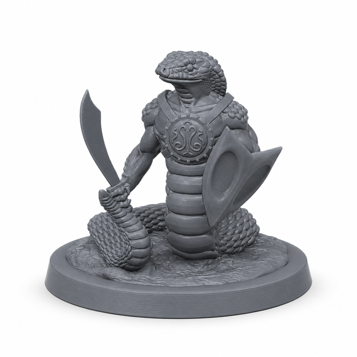 3D-printet Slangefolk I monsterminiatyr i grå PLA til D&D og tabletop-rollespill.