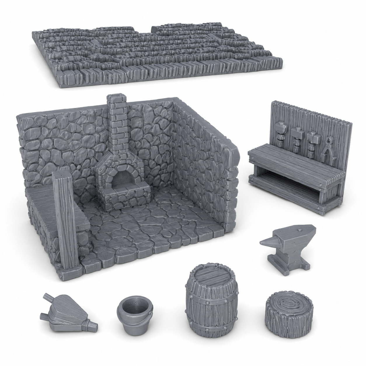 Åpen smie med steinvegger, tak, esse, ambolt, arbeidsbenk, tønne, bøtte og annet smedutstyr, laget som fantasy-terreng til tabletop-rollespill.