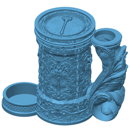 3D-printet blått Sorcerer eventyrkrus med stavmotiv, skrulokk og integrert dice tower til D&D og tabletop-rollespill.