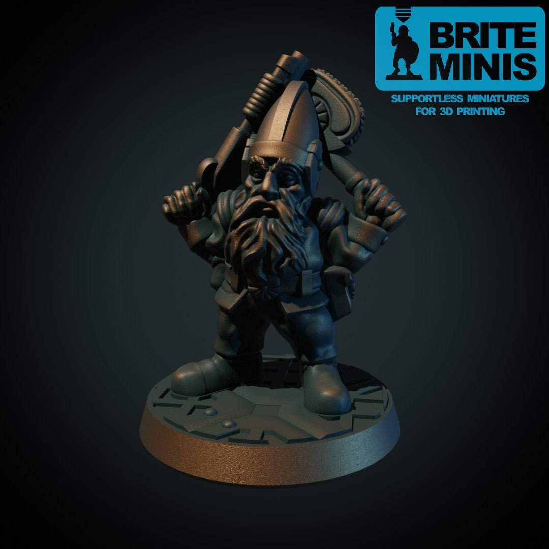 Space-dverg med hagle og kjedeøks, 3D-printet sci-fi-miniatyr fra Spillsmia.