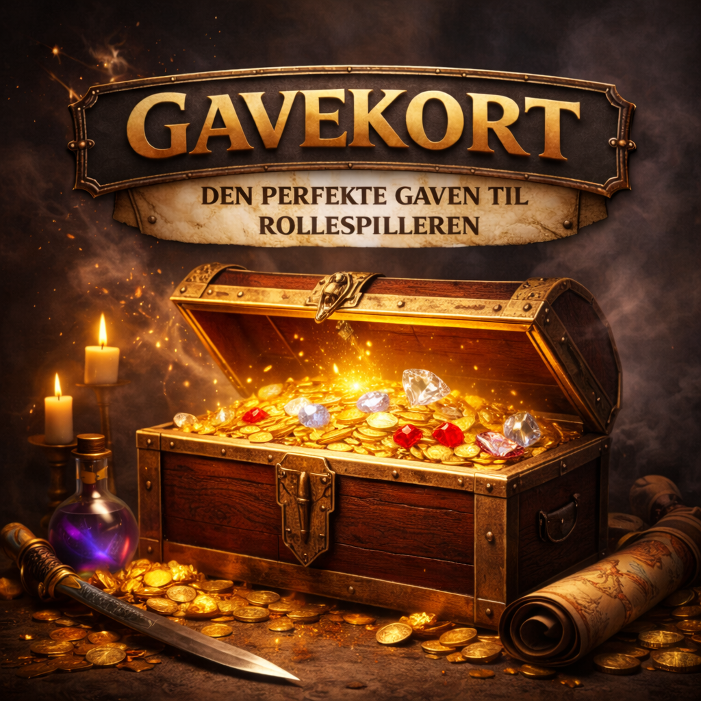 Gavekort til rollespillere med skattekiste, gull og fantasy-stemning.