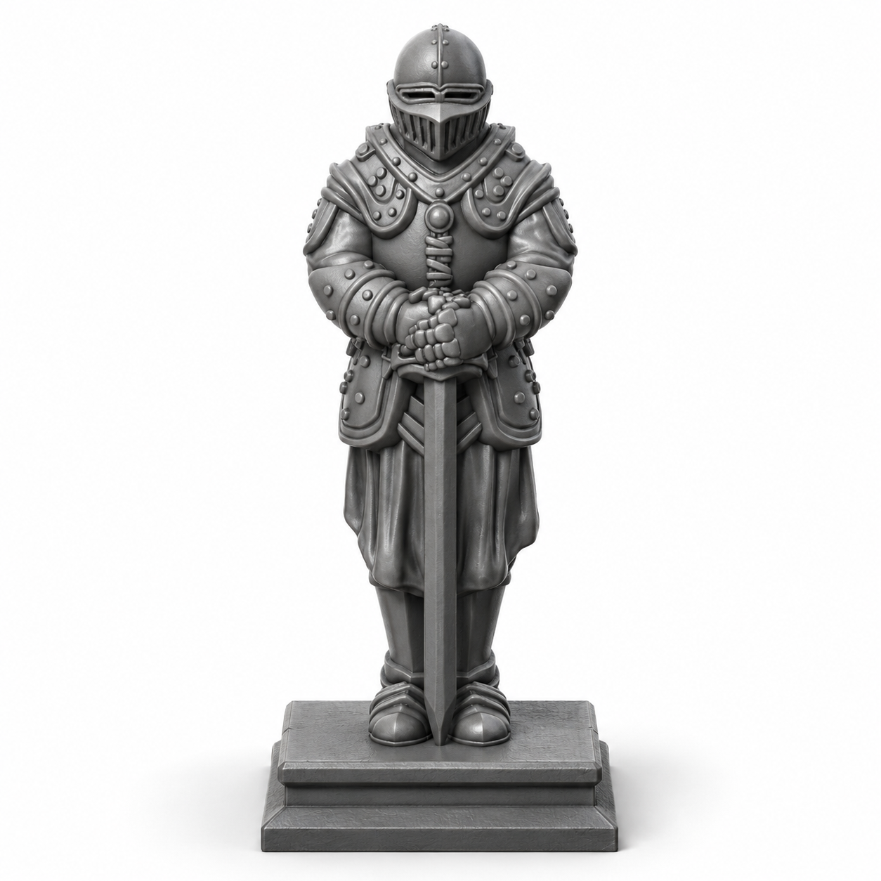 3D-printet ridderrustning på sokkel – rekvisitt til borghall og dungeon i D&D.
