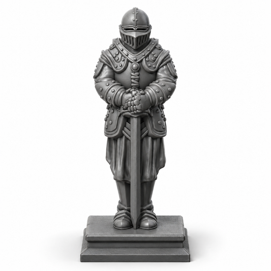3D-printet ridderrustning på sokkel – rekvisitt til borghall og dungeon i D&D.