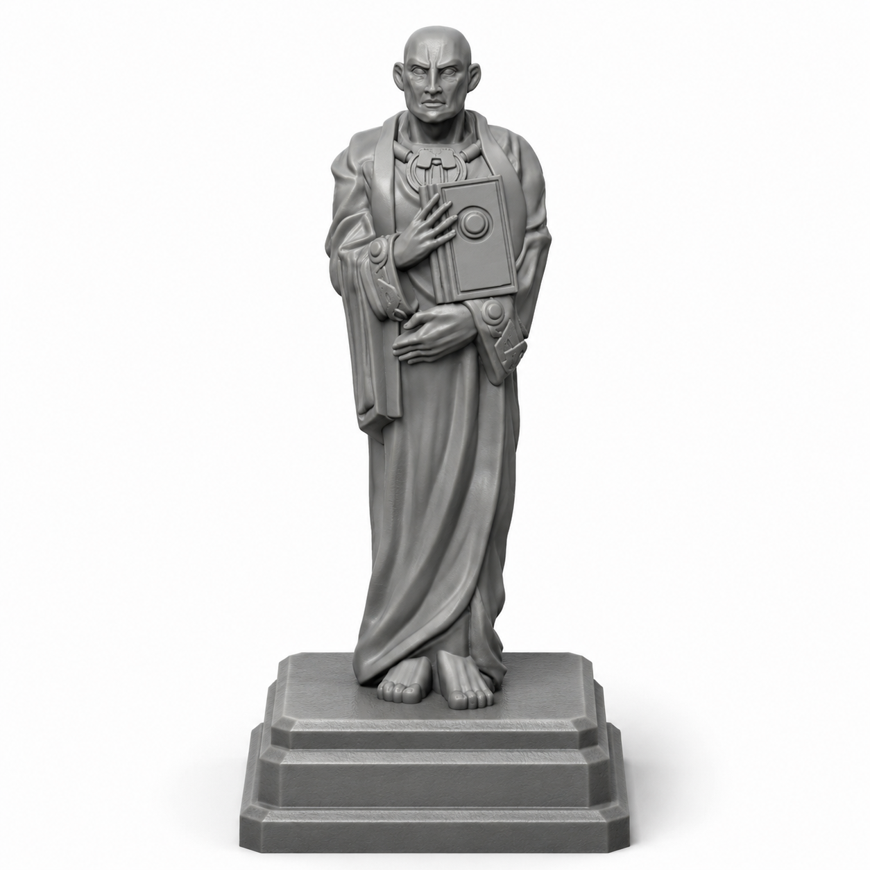 3D-printet statue av mann i kappe på sokkel – rekvisitt til torg og herskapshus i D&D.