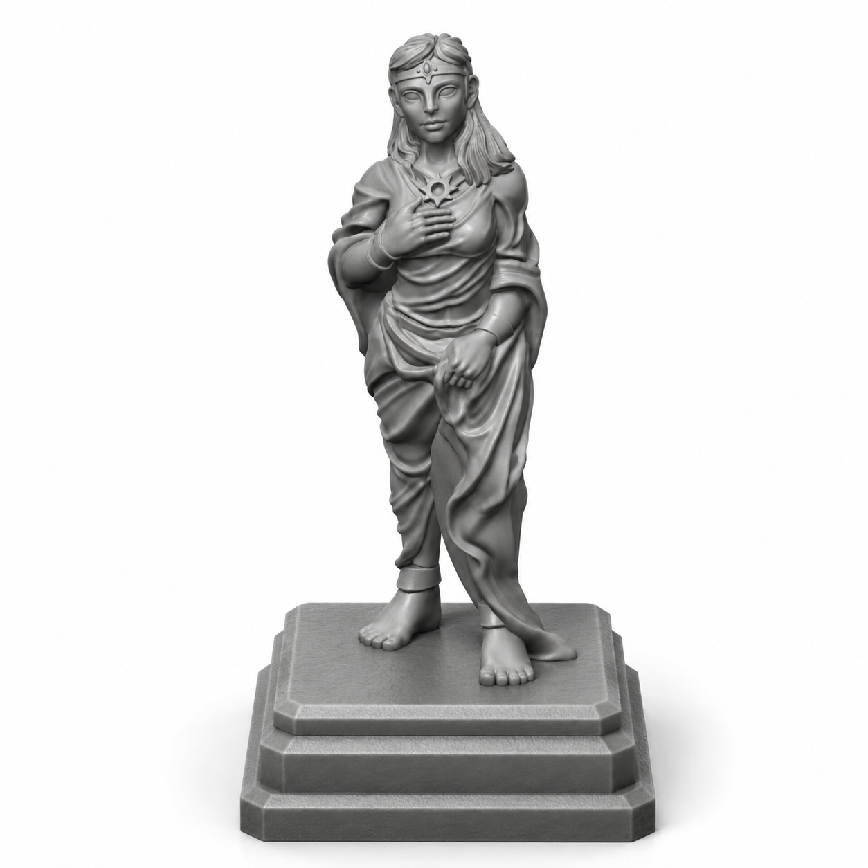 3D-printet statue av kvinne i flagrende kjole – rekvisitt til tempel og galleri i D&D.