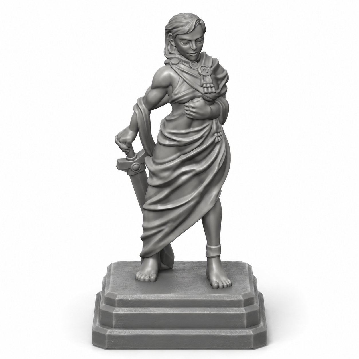 3D-printet statue av mann i kappe med bøyd arm – rekvisitt til bibliotek og tempel i D&D.