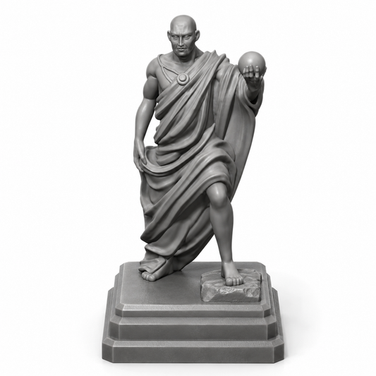 3D-printet statue av mann i toga – rekvisitt til arena og ruiner i D&D.