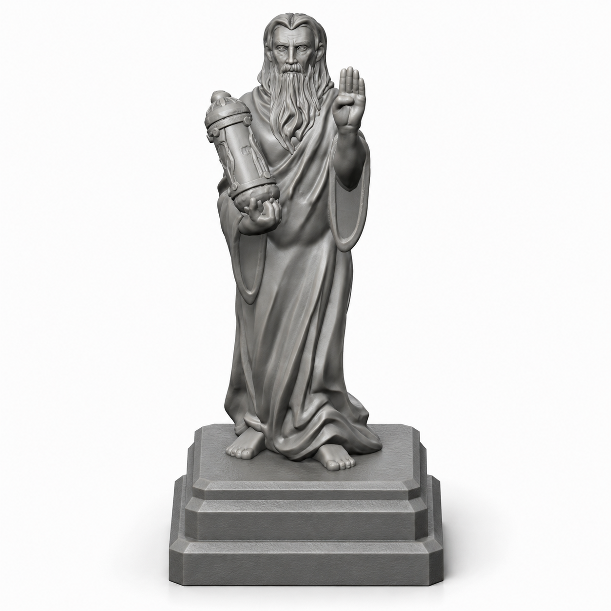 3D-printet statue av kappekledd skikkelse med krukke – rekvisitt til krypt og tempel i D&D.