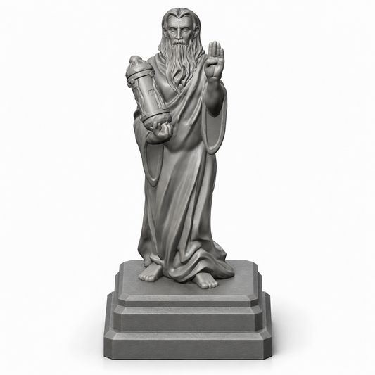 3D-printet statue av kappekledd skikkelse med krukke – rekvisitt til krypt og tempel i D&D.