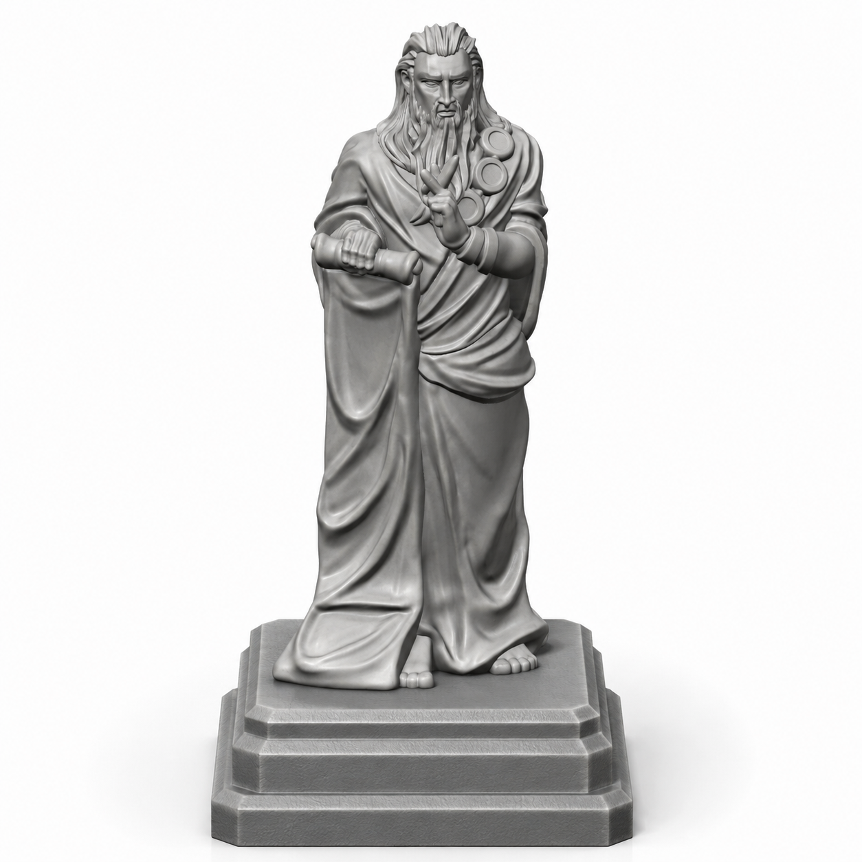 3D-printet statue av tilhyllet skikkelse – rekvisitt til kloster og krypt i D&D.