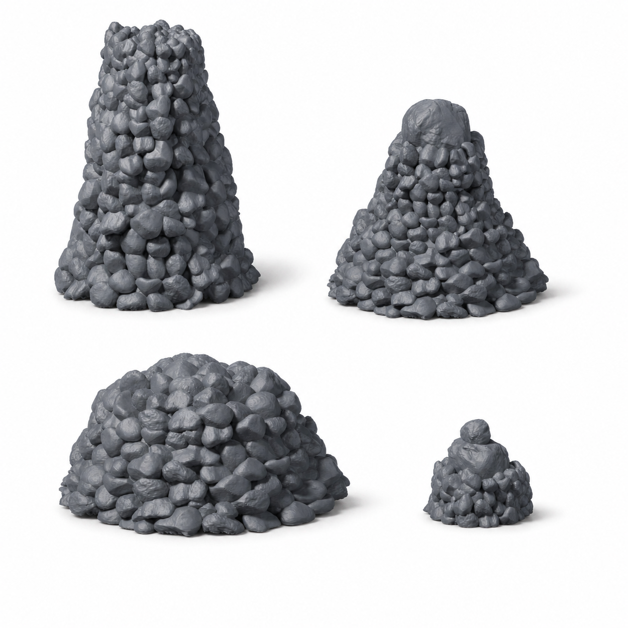 3D-printet terrengsett med fire steinvarder og steinrøyser i ulike størrelser i grå PLA til D&D og tabletop-rollespill.