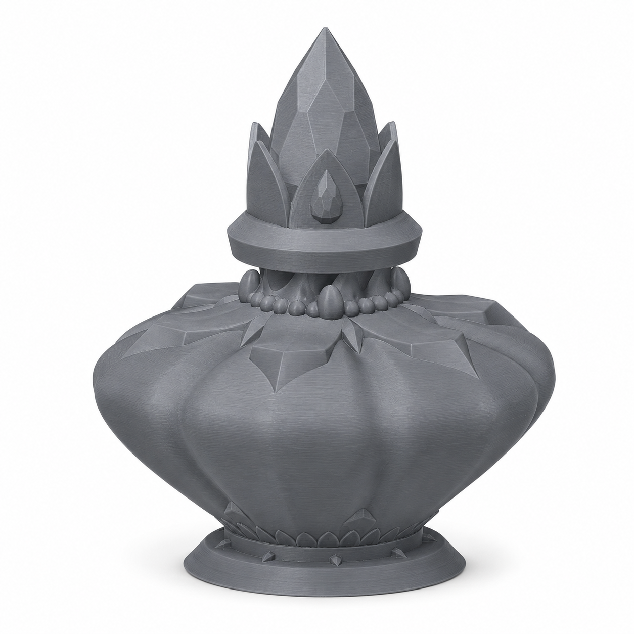 Stor magisk flaske med rund beholder, krystalltopp og dekorative fantasy-detaljer i grå PLA til D&D og tabletop-rollespill.