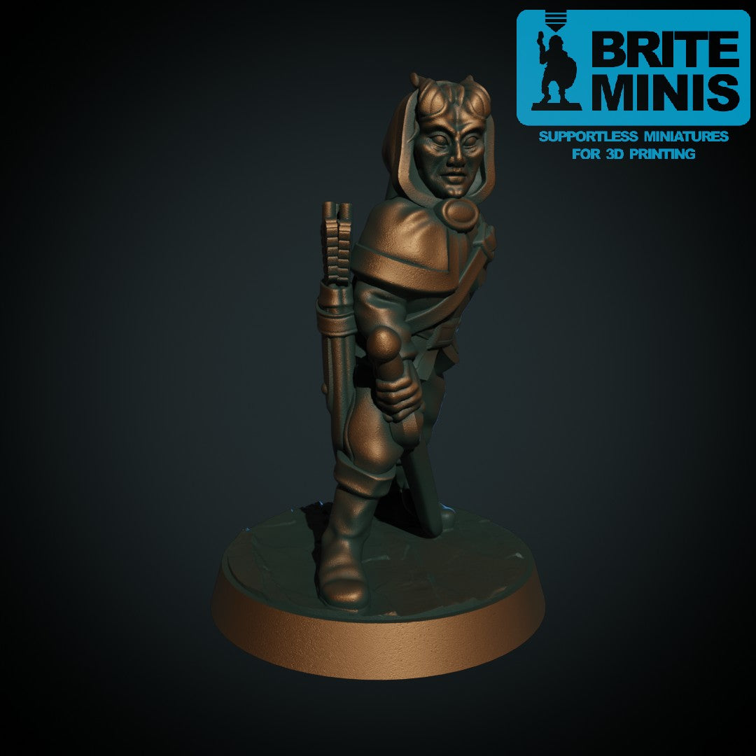 Tiefling-ranger sett fra en annen vinkel, 3D-printet D&D-miniatyr fra Spillsmia.