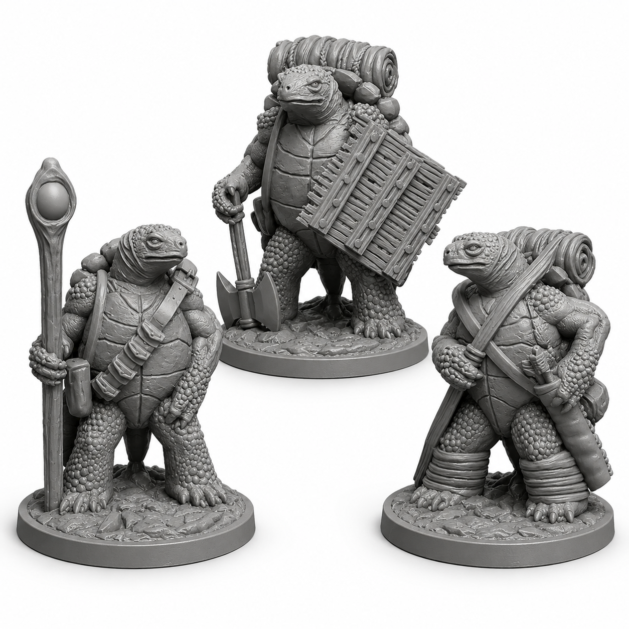 3D-printet Tortles miniatyrsett i grå PLA til D&D og tabletop-rollespill.