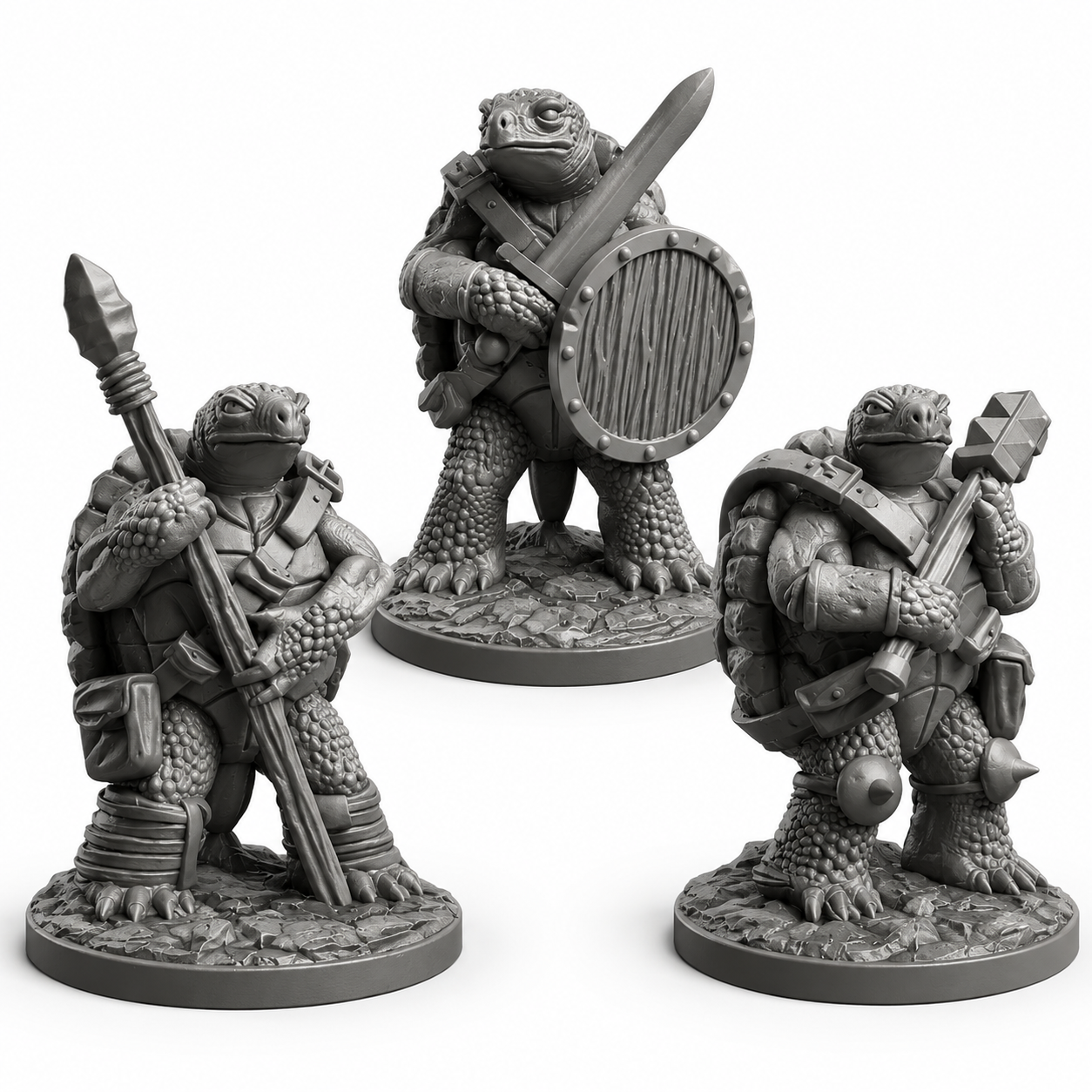 3D-printet Tortles II miniatyrsett i grå PLA til D&D og tabletop-rollespill.