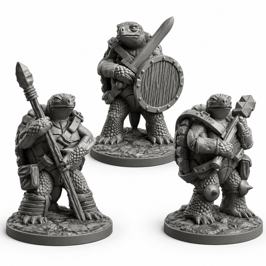 3D-printet Tortles II miniatyrsett i grå PLA til D&D og tabletop-rollespill.