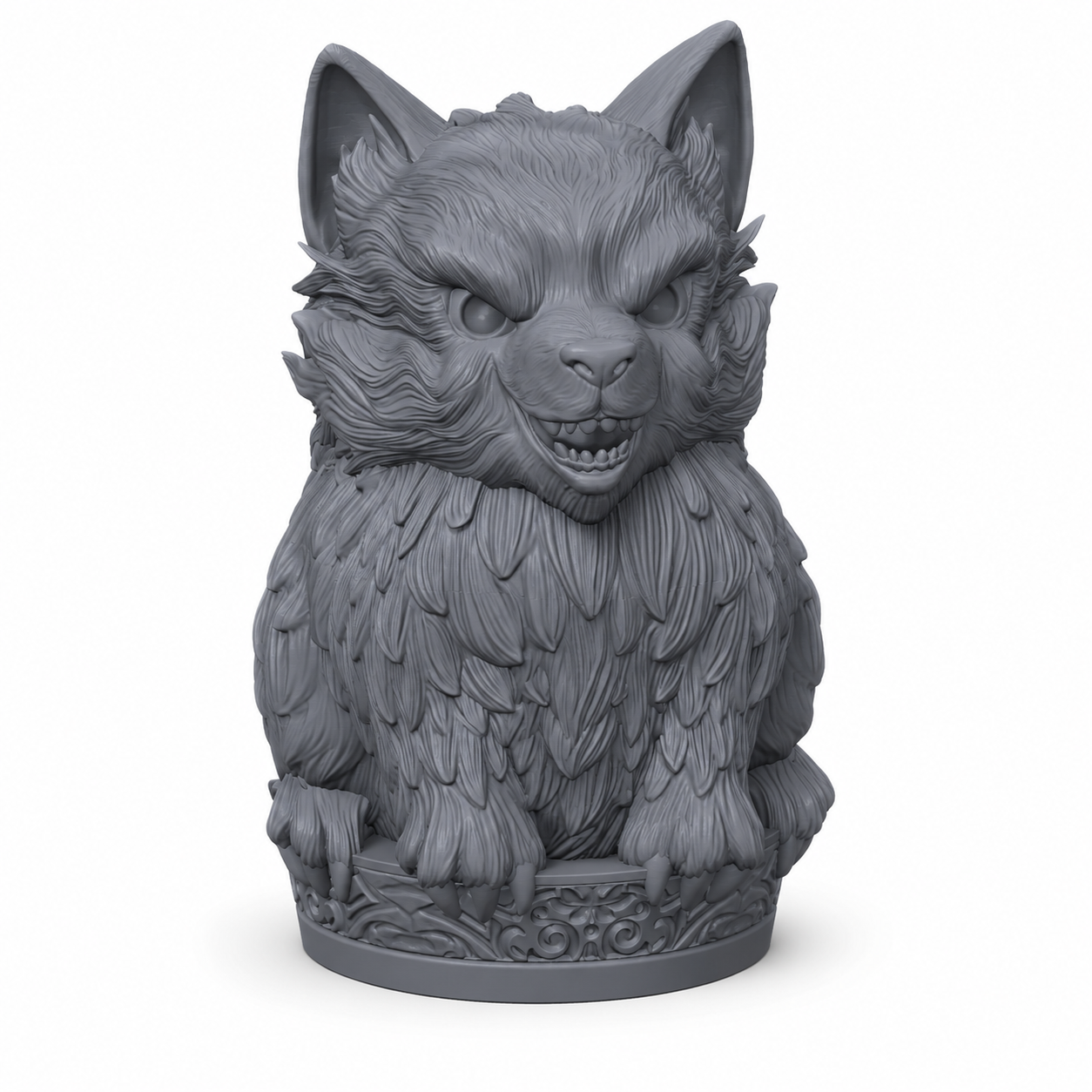 3D-printet ulveskrin med skrulokk, detaljert ulvehode og pelsstruktur i grå PLA til terninger, tokens og tabletop-rollespill.