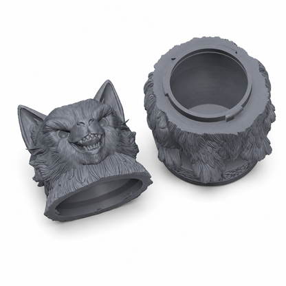 3D-printet ulveskrin med skrulokk, detaljert ulvehode og pelsstruktur i grå PLA til terninger, tokens og tabletop-rollespill.