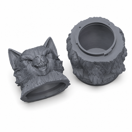 3D-printet ulveskrin med skrulokk, detaljert ulvehode og pelsstruktur i grå PLA til terninger, tokens og tabletop-rollespill.