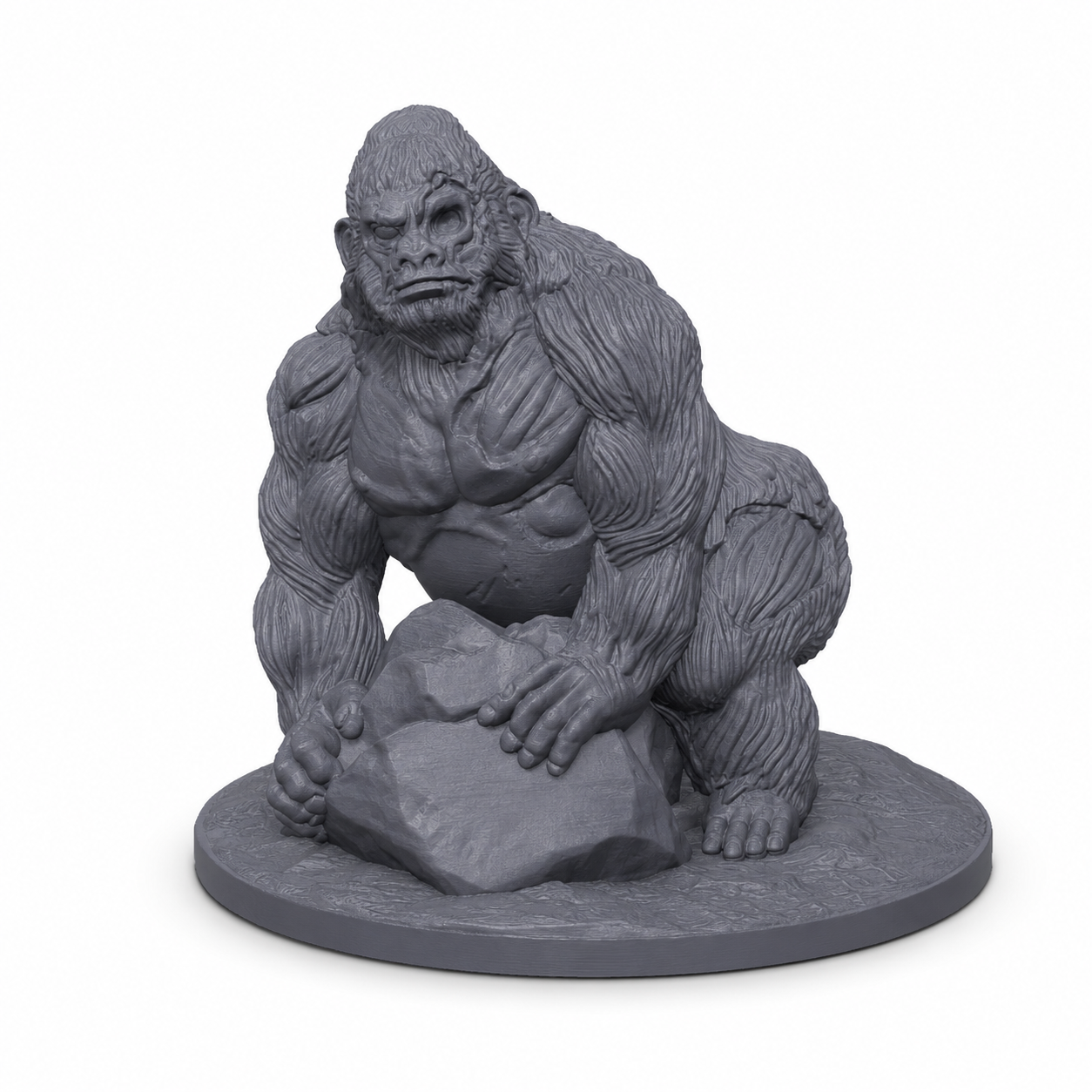 3D-printet Undead Gorilla II med kraftig kropp, udødt preg og stor stein i grå PLA til D&D og tabletop-rollespill.