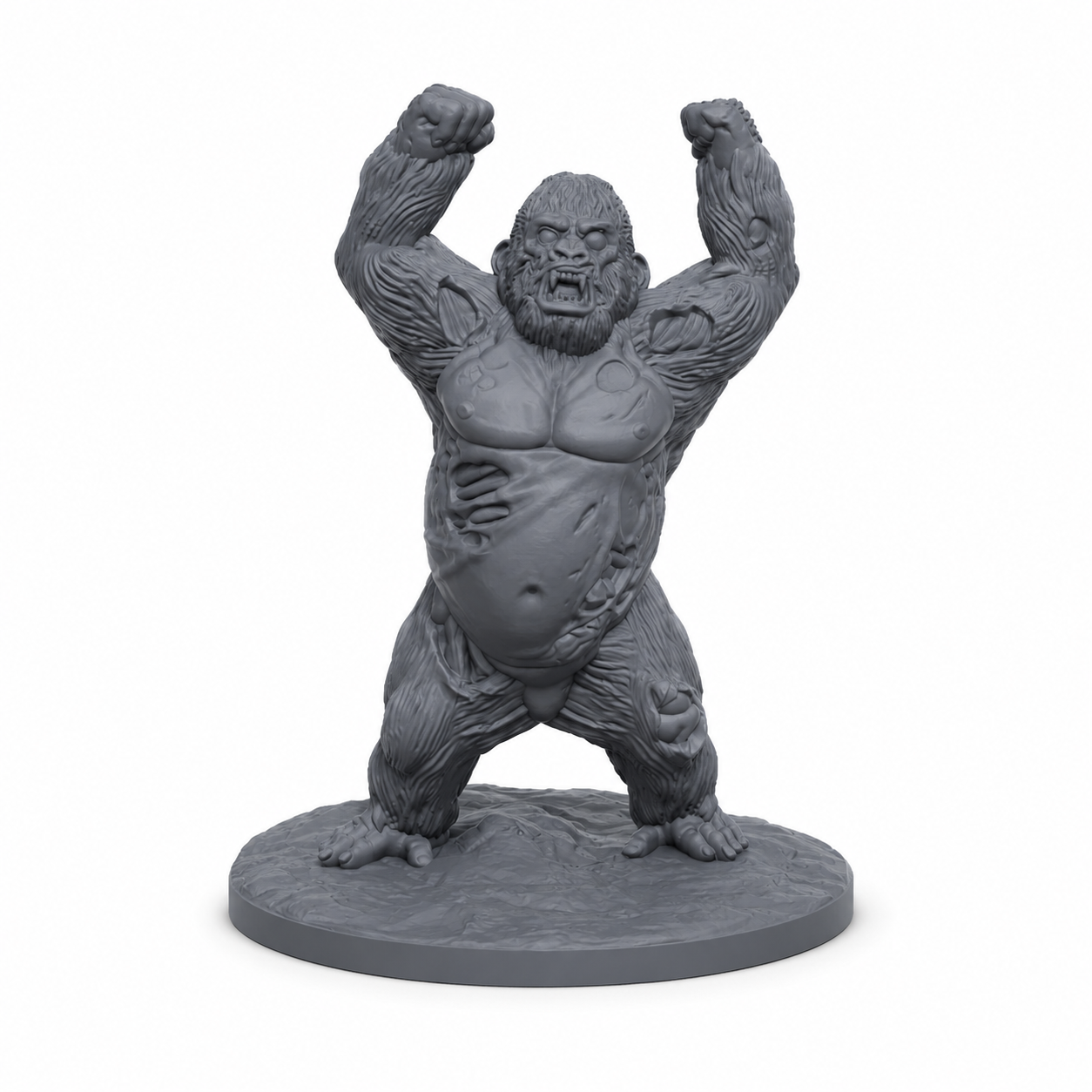 3D-printet Undead Gorilla III med hevede never, revnet kropp og udødt monsterpreg i grå PLA til D&D og tabletop-rollespill.