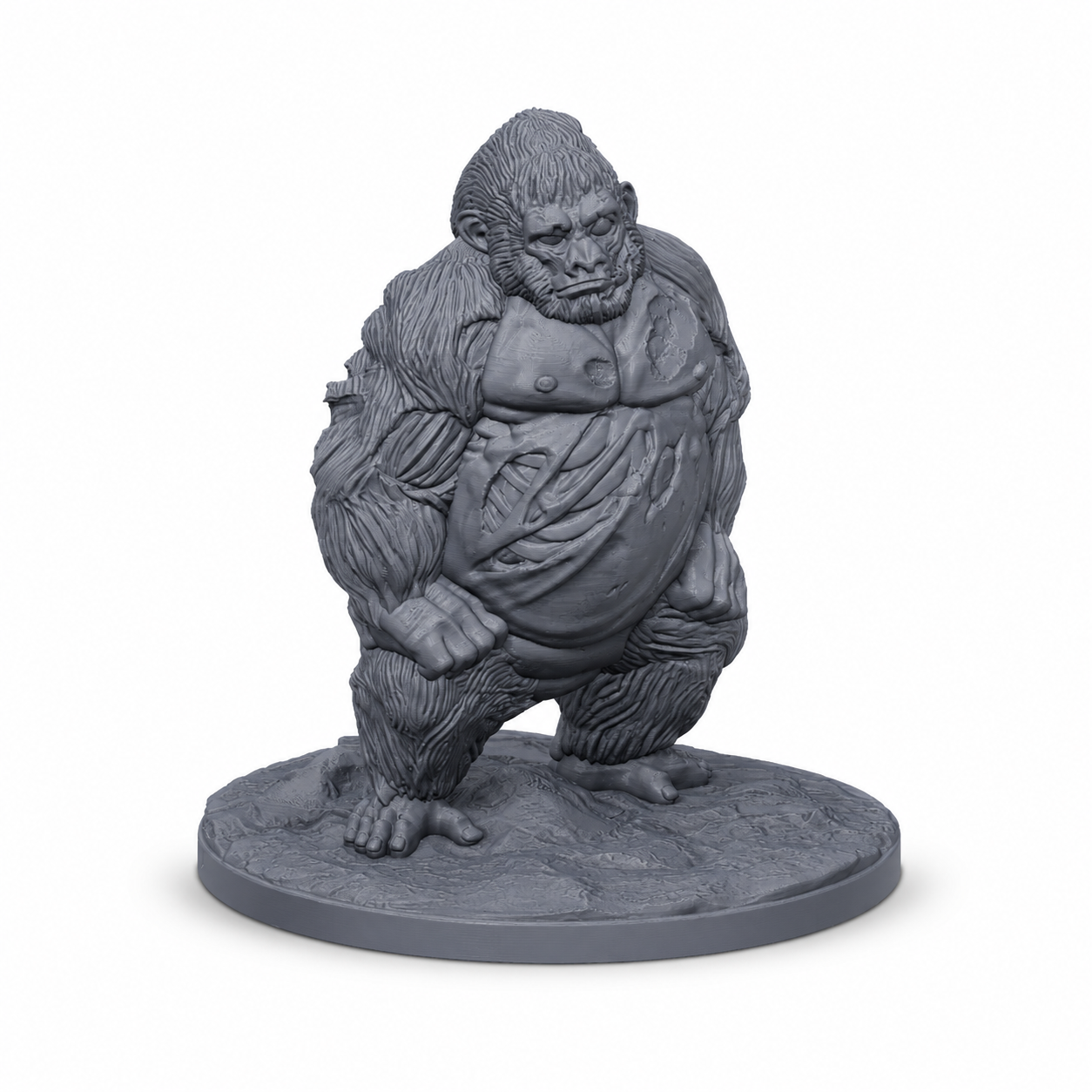 3D-printet Undead Gorilla IV med tung kropp, udødt preg og truende positur i grå PLA til D&D og tabletop-rollespill.