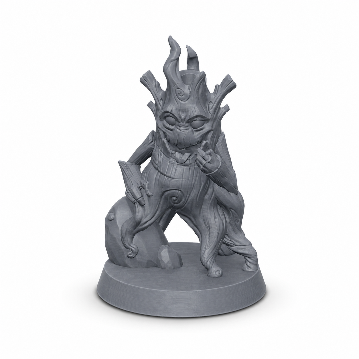 3D-printet Ung treånd II med barkkropp, rotbein og mystisk skogspreg i grå PLA til D&D og tabletop-rollespill.